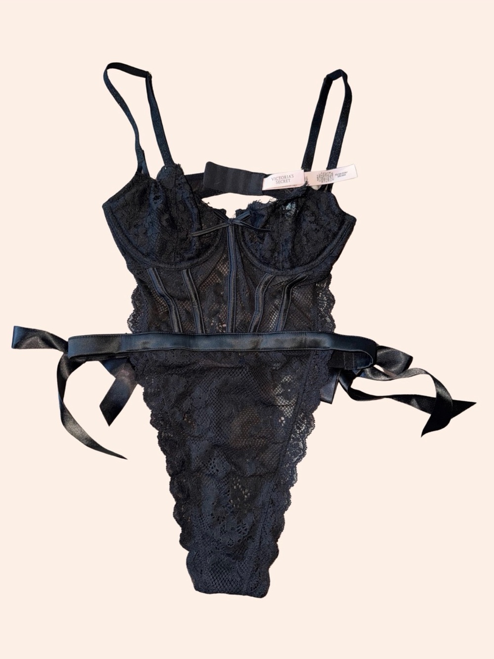 Victoria's Secret Black Lace Teddy with Satin Waist Tie